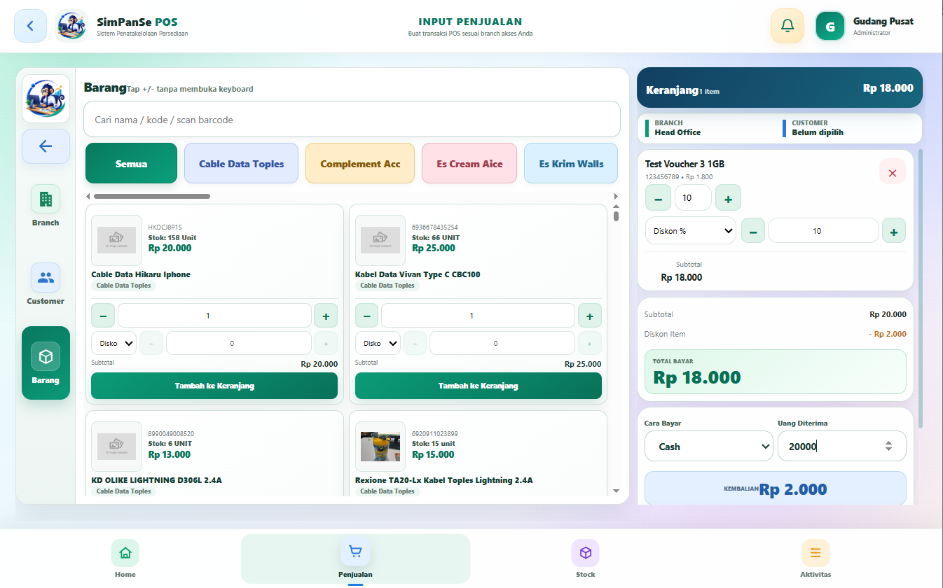 Antarmuka Input Penjualan Kasir POS Touchscreen