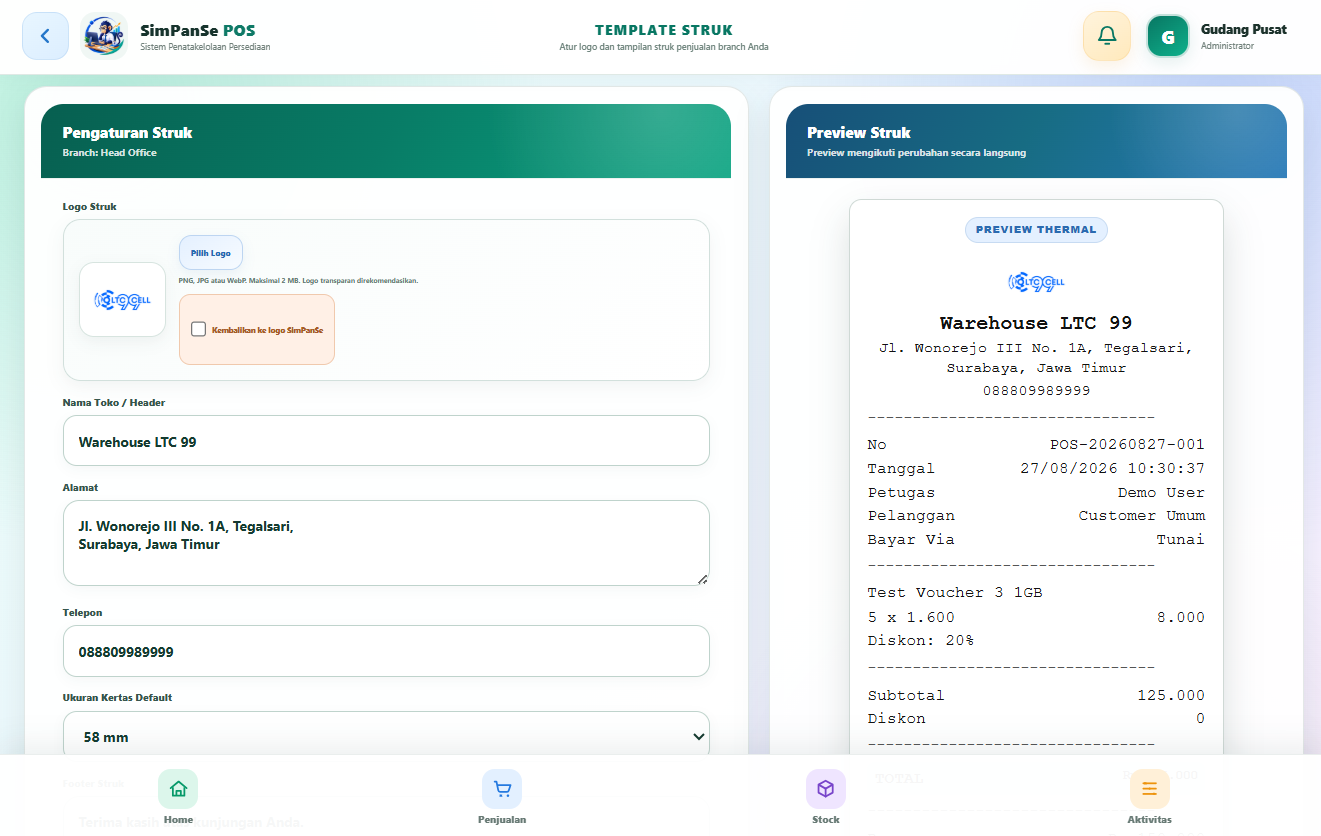 Template Struk dan Live Preview Thermal Printer